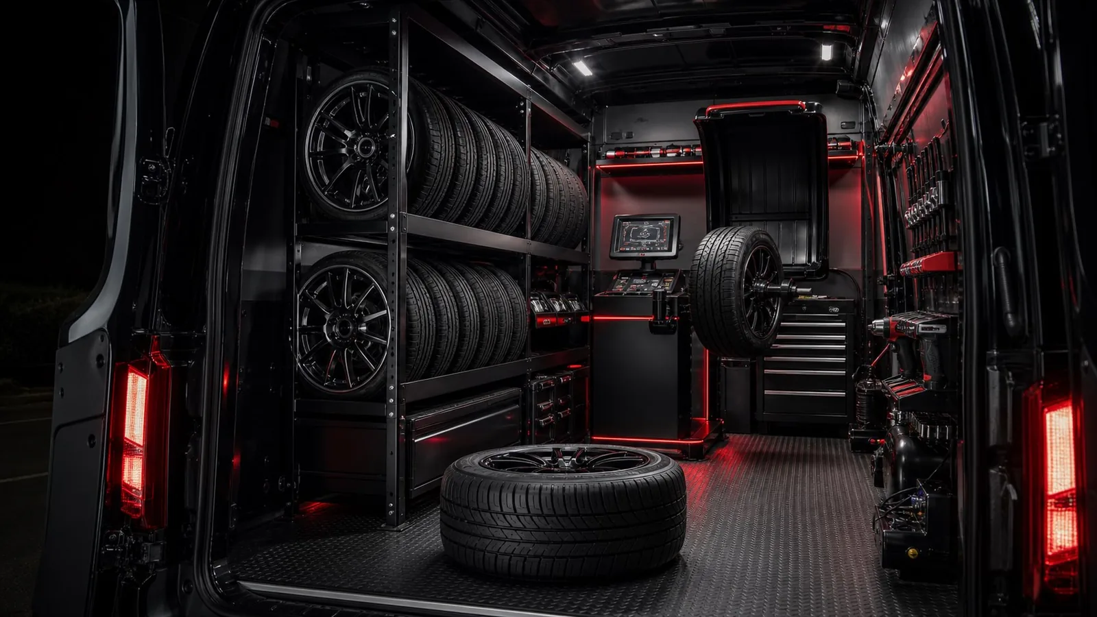 Inside the mobile fitting van - tyre racks, wheel balancer and tooling